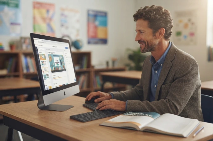 Male teacher smiling while using a computer in an English classroom